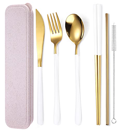 AARAINBOW 6 Pieces 18/8 Stainless Steel Flatware Set Portable Reusable Cutlery Set Travel Utensils Set Including Chopsticks Knife Fork Spoon Straws Cleaning Brush Dishwasher Safe (White golden) - color: White golden