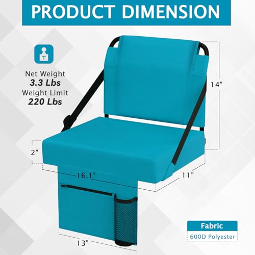 2pcs Stadium Seat for Bleachers with Back Support，Portable Bleacher Chairs with Back and Cushion，Includes Shoulder Strap and Cup Holder - color: Cyan,2 Pack