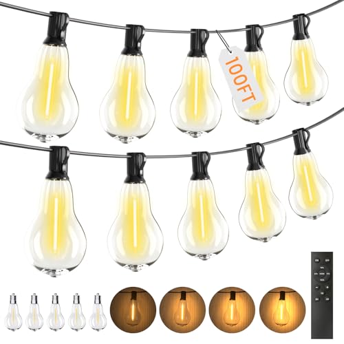 Patio Lights, 100FT Patio Lights with 64+5 Bulbs(1.5FT Bulbs Spacing), Outdoor String Lights, Remote & Dimmer, 3 Mode Light & Timing, 65PC Mounting Ties for Outside, 2200K (Black) - color: Black, size: Remote Control Model -100ft-64t