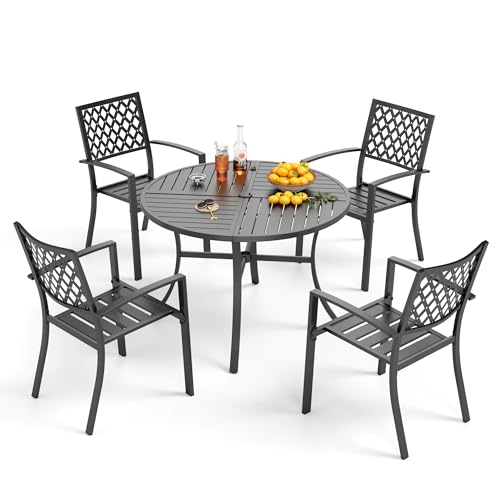 PHI VILLA 5 Pieces Outdoor Round Dining Set for 4, Metal Steel Circle Table with Umbrella Hole & Stacking Wrought Iron Chairs, Modern Furniture Set for Patio, Deck, Backyard, Porch - color: Net Back Chair, size: 5PCS-42" Round Table