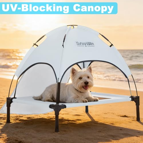 S/M/L Outdoor Elevated Dog Cot with Canopy & Side Shade for Camping Small Medium Dogs (Carry Bag), Portable Cooling Raised Dog Bed - color: Grey, size: S (24" x 18" x 24")