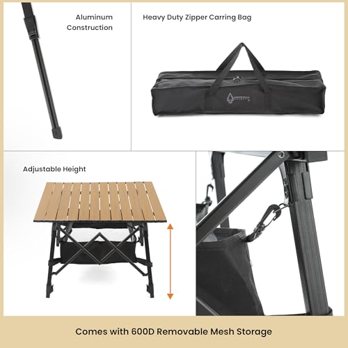 ARROWHEAD OUTDOOR 39" Aluminum Folding Camp Roll Up Table w/Adjustable Height, Undertable Mesh Storage, Carry Bag - color: Wood Grain