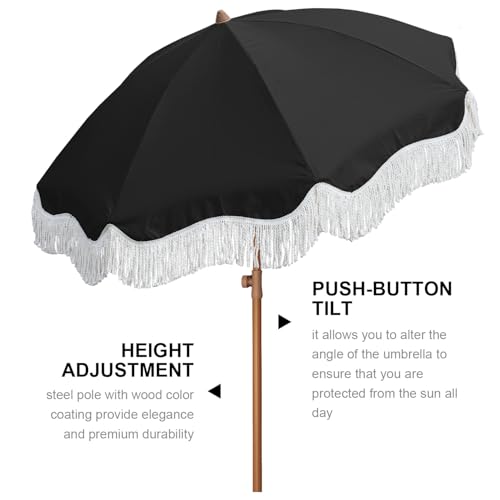 AMMSUN Boho Fringe Umbrella Outdoor Patio, 6.5ft UPF50+ Picnic Umbrella with Tassels with Steel Pole and Push Button Tilt, Noble Black - color: Noble Black