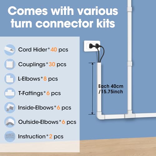 630in Cord Hider Kit, Paintable Cable Raceway, Cord Covers for Wires on Wall, Cord Hider for Wall Mount tv, tv Cable Hider Wall kit, Wire Covers for Cords, 40X L15.7in X W0.96in X H0.57in, White - color: 630in