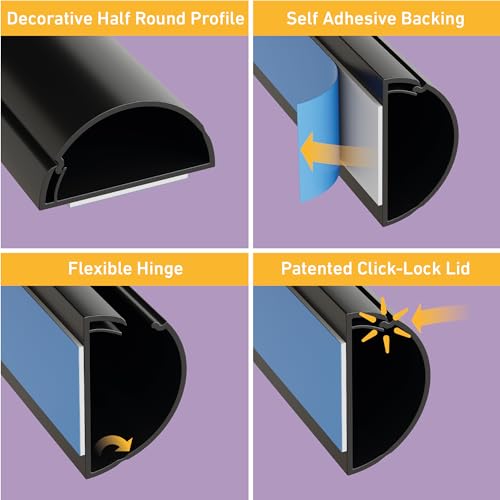 D-Line TV Wire Hider, Half Round Cord Cover for Wall Mount TV, Hinged One-Piece Raceway, Paintable, Self-Adhesive Cable Management - 2" (W) x 1" (H) x 18" Length - Black - color: Black