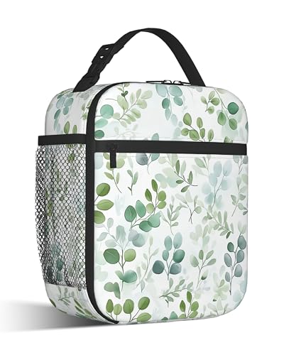 Insulated Small Lunch Box,Eucalyptus Leaves Reusable Lunch Bag for Kids Adult Women,Watercolor Green Leaf Large Capacity Portable Thermal Bag with Mutiple Pockets for School,Work,Picnic - color: Eucalyptus Leaves
