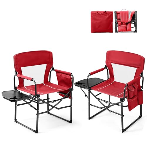 VINGLI Camping Chairs, Directors Chair, Camping Chair with Side Table & Carry Bag，Heavy Duty Camping Chairs for Adults,Portable Folding Camping Chair 2 Pack, for Beach, Fishing,Trip,Picnic,Lawn-Red - color: Red, size: 2P