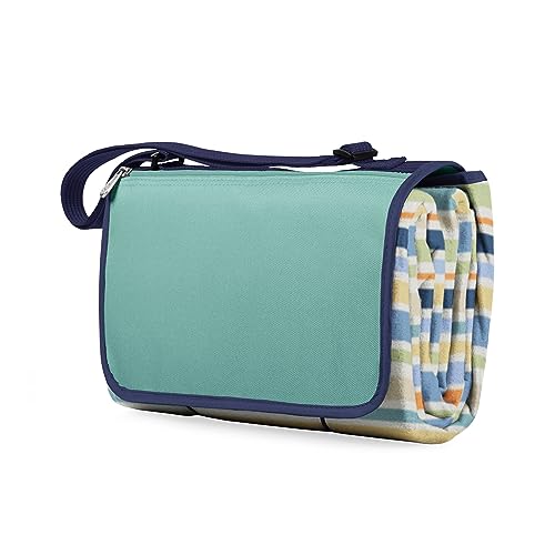 PICNIC TIME Outdoor Picnic Blanket Tote, 59"x51" Foldable Beach & Camping Blanket with Soft Fleece, Water-Resistant Bottom, Adjustable Strap & Zippered Pocket (St. Tropez - Sky Blue, Multi Stripe) - color: St. Tropez
