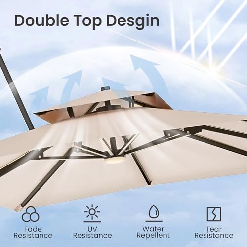 9x12 FT Cantilever Patio Umbrella with Base and Led Lights Double Top Outdoor Rectangular Large Heavy Duty Aluminum Offset Umbrellas with 7 Level Tilt 360-degree Rotation for Pool Garden Deck, Beige - color: Beige, size: 9' X 12'-with Light & Base