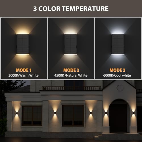 Solar Wall Light Outdoor,3000/4000/6000K 3 Modes Dusk to Dawn Lighting Wall Sconce IP67 Waterproof Up and Down Solar Lights Outdoor for House, Garage, Porch,Doorway (2 Pack) - color: 3000/4000/6000K