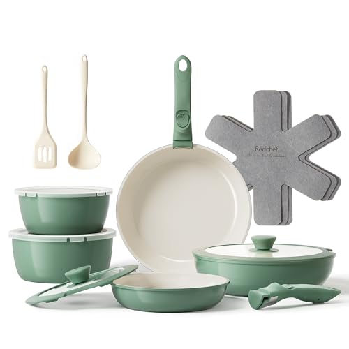 Redchef 16pcs Ceramic Pots and Pans Set Non Stick, Nonstick Ceramic Cookware Set with Detachable Handle, Non Toxic, PFAS PFOA & PTFE Free RV Cookware for Camping, Dishwasher/Oven Safe (Green) - size: 16 pcs Green