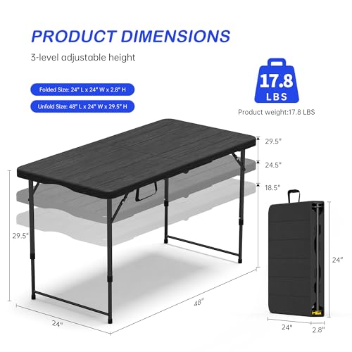 VSOAEIL Set of 2Folding Table 4 Foot for Indoor Outdoor, Portable Heavy Duty Fold-in-Half Utility Small Plastic Adjustable Height Folding with Carrying Handle for Picnic and Party, 2 Pack Matte Black - color: Black, size: 4 FT - 2 PACK