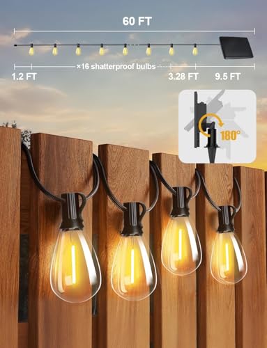 Tenmiro 60FT Solar String Lights Outdoor with Remote and 16+2 LED Shatterproof Bulbs Dimmable & Timing 3 Light Modes Solar Patio String Lights for Cafe, Garden, Deck, Outside Wedding Last for 10+Hrs - size: Solar 60FT