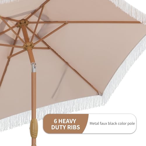 GDY 7.5FT Tassel Patio Umbrella Outdoor Table Umbrella,Market Umbrella with 6 Sturdy Ribs, with Push Button Tilt and Crank for Garden, Lawn, Deck, Backyard & Pool (Camel) - color: Camel, size: Umbrella Only