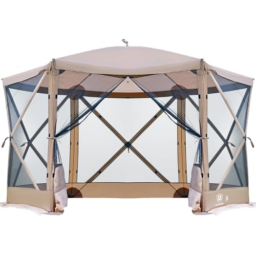 EVER ADVANCED Pop Up Gazebo Screen House Tent for Camping 11.5 ft for 8-10 Person Instant Canopy Shelter with Netting Portable for Outdoor, Backyard, Brown - color: Brown