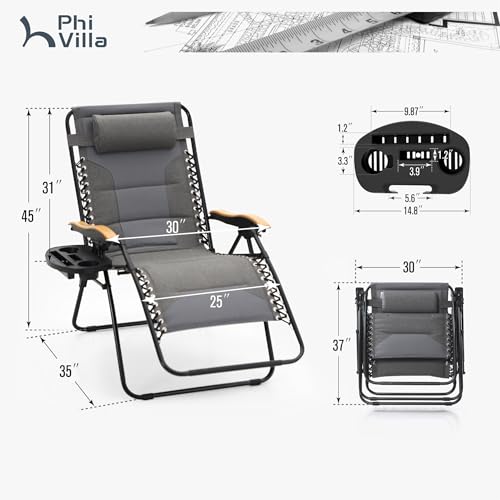 PHI VILLA XXL Oversized Padded Zero Gravity Chair, Foldable Patio Recliner, 30" Wide Seat Anti Gravity Lounger with Cup Holder, Support 400 LBS (Light Gray) - color: Light Gray, style: 1 Pcs