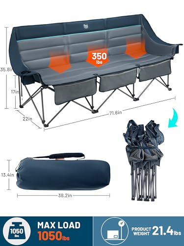 Timber Ridge 3 Person Camping Chair with Cup Holders and Pockets, Outdoor Folding Loveseat Camping Chairs, 1050lbs Capacity Heavy Duty Camp Couch for Outside Picnic, Beach, Lawn, Sports, Blue - color: 3 Person Blue