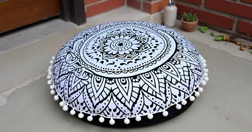 CRAFT KALA 22" Round Mandala Boho Pillow Cover Meditation Room Seating Poufs Cover for Living Room Yoga Room Home Bedroom Balcony Garden Party Decoration Cotton Floor Cushion Cover Black White Flower - color: Black and White Flower, size: 22"