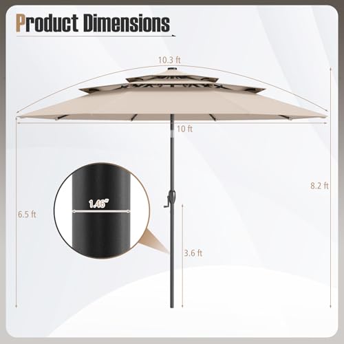 Tangkula 10 FT Solar LED Patio Umbrella, 3-Tier Vented Outdoor Market Table Umbrella with 32 LED Lights, Tilt Adjustment, Crank Handle, 8 Ribs for Backyard Pool Deck (Beige) - color: Beige
