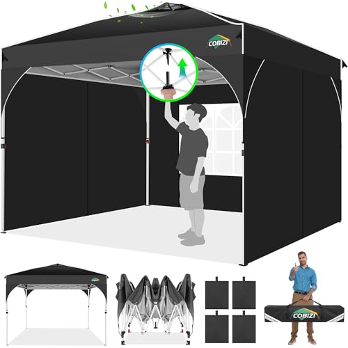 COBIZI Canopy Tent 10x10, Easy Up 10x10 Pop Up Canopy for Party Camping, Party Tents with One Push Central Button Air Vent, Outdoor Gazebo Tent with Sidewalls and Reflective Strip(Black) - color: Black, size: 10x10ft with 3 sidewalls