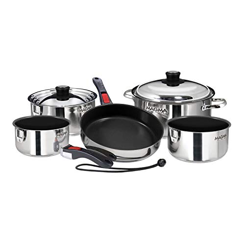Magma 10 Piece Gourmet Nesting Stainless Steel Cookware Set with Ceramica Non-Stick, Induction Compatible, Oven Safe to 500°F - Suitable for All Stovetops, Removable Handles, Silver - color: Stainless Steel, style: 10 Piece, Non-stick