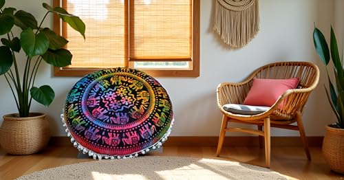 CRAFT KALA 22" Round Mandala Boho Pillow Cover Meditation Room Seating Poufs Cover for Living Room Yoga Room Home Bedroom Balcony Garden Party Decoration Cotton Floor Cushion Cover,Multi U.P Elephant - color: Multi U.p Elephant, size: 22"