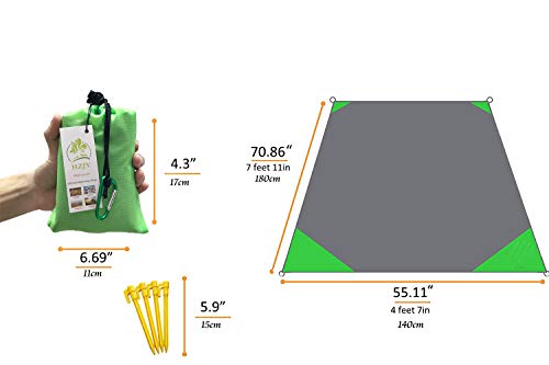 Pocket Blanket 71"x55", Lightweight Compact Sandproof Waterproof Outdoor Blanket for Beach, Hiking, Camping, Travel, Festivals, Picnic with Pockets, Loops, Stakes, Carabiner - color: Willow Green