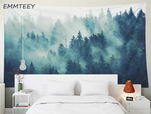 EMMTEEY Misty Forest Tapestry Nature Scenic Mountain Tapestry Green Tree Landscape Foggy Fir Pine Forest 50X60 Inches Tapestries for Living Room Bedroom Inhouse - color: Green Blue Grey, size: 50"L x 60"W