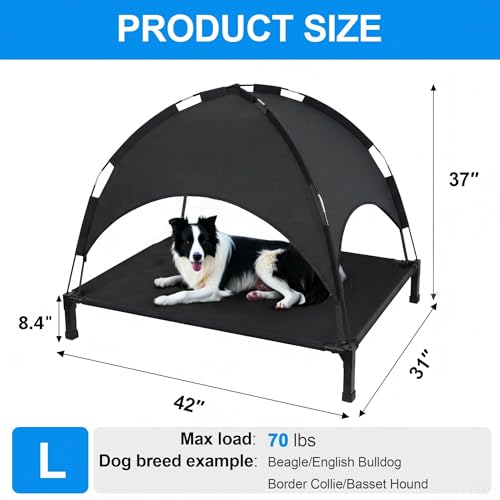Elevated Dog Bed with Canopy Raised Pet Cot for Large Dogs, Outdoor Dog Cot with Removable Sun Shade Tent, Breathable Mesh Portable Dogs Cot for Camping, Beach, Backyard, Outdoor Use - color: Black, size: 42.1"L x 31"W x 37"H