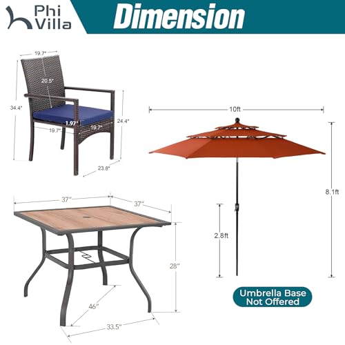PHI VILLA 5 Piece Outdoor Dining Set with Umbrella for 4, 37" Square Metal Wood-top Table & Wicker Rattan Chairs with Cushions & 10ft Red Umbrella, Dining Furniture for Patio, Deck, Backyard, Porch - color: Red, size: 5PCS 37" Wood-top Table
