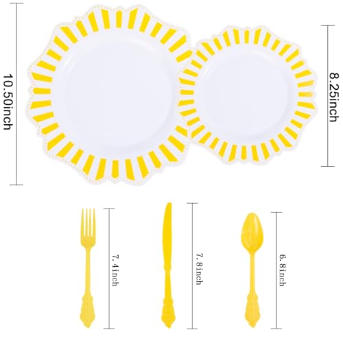 COLOSUS 150pcs Disposable White Lemon Yellow Striped Plastic Party Plates and Silverware set, Yellow Dinner/Dessert Plates silverware 30guests for Easter Birthday Weeding Party and Daily use. - color: white+yellow