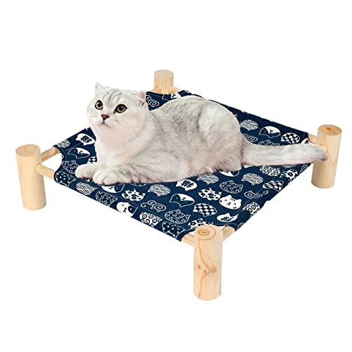 Patas Lague Pet Bed, Small, Elevated Cooling Hammock Bed, Wood, 19x19x5 inches, 20 lbs, Blue Cat, Indoor/Outdoor, Square, for Cats and Dogs - color: Blue Cat