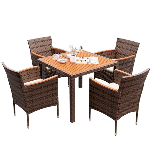 Devoko 5 PCS Furniture, Patio Conversation Set with Acacia Wood Top, Rattan Outdoor Dining Table and Chairs for Backyard, Garden, Deck, Brown - color: Brown, style: 5 Piece Dining Set