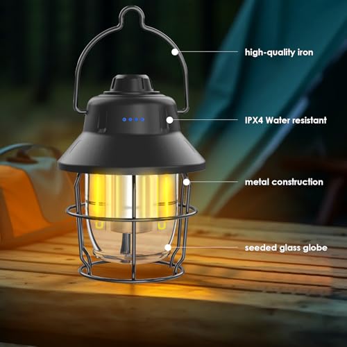 JINIU Rechargeable LED Camping Lantern, Mini Retro Portable Waterproof Lantern, 1000LM, 3 Light Modes (2700-6500K) Stepless Dimming Brightness, Hanging Tent Light for Camping, Power Outages - style: Black