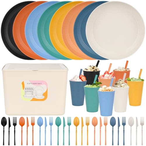 49pcs Dinnerware Sets for 8 People, Unbreakable Plates Sets, Reusable Storage Box, Travel Camping Picnic Home Party Cutlery Set, Dishwasher Microwave Safe Dishes - color: Colorful, style: 49PCS