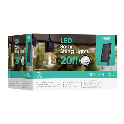 Feit Electric LED Solar Powered String Lights, Dusk-to-Dawn Sensor, 20ft Shatter Resistant Outdoor String Lights, Linkable, 2700K Warm White, 15,000-Hour Lifetime, SL20-10/SOL/V1, 11 Bulbs Included - color: Warm White, size: 20 ft, style: 10 Sockets