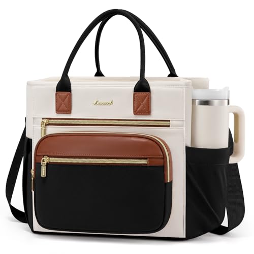 LOVEVOOK Insulated Lunch Bag Women,Wide Opening Adult Lunch Box Women,Large Leakproof Cooler Bag for Work Picnic Beach Family College,Lunch Teacher Tote Bag with Adjustable Shoulder Strap Cup Holder - color: Black with Off White with Brown, size: Large —1