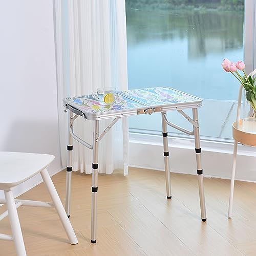 Yriuat Folding Camping Table 2ft Portable Pinic Table Adjustable Height Small Card Table Aluminum Foldable Lightweight with Carry Handle for Outdoor Indoor Hiking Camp BBQ Beach (Blooming Floral) - color: Blooming Floral, size: 24"l X 16"w X 24"h