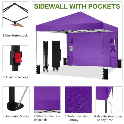 Tunbne 10'x10' Pop Up Canopy Tent with 1 Sidewall and 6 Pockets, One Push Setup, Instant Shade Tent with Vented Roof for Beach Patio Outdoor, Case, 8 Stakes, 4 Ropes, 4 Sandbags (Purple, 10x10) - color: Purple, size: 10x10