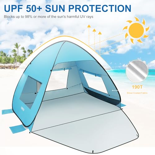 TOBTOS UPF 50+ Pop Up Beach Tent, Easy Set Up Beach Umbrella, Sun Shelter for 2-3 People UV Protection Portable Sunshade, Baby Canopy Cabana, Lightweight with Carry Bag - style: Blue for 3-4 Person