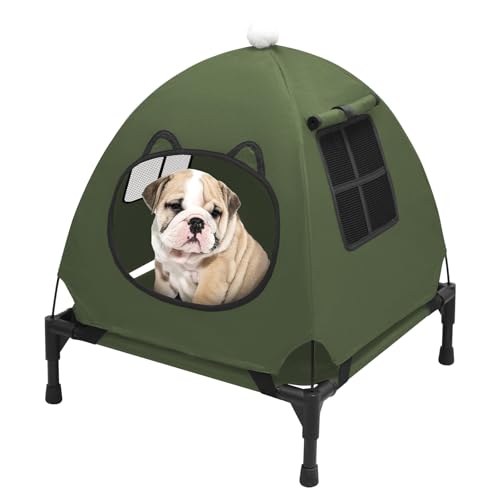 Pozico Elevated Pet Bed with Breathable Mesh for Small Cat and Dog, Raised Cooling Pet Cot for Puppy and Kitty, 18.9x18.9 inch (Olive Green Bed with Canopy) - color: Olive Green Bed with Canopy