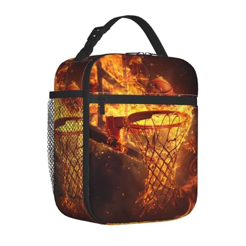 Reusable Basketball Lunch Box for Kids Girls Boys Women Men Adult, Insulated Dynamic Sport Lunch Bag,Polyester Cooler Flame Art Handbags Case for School Picnic Work Travel Beach or Hiking - color: Basketball 02