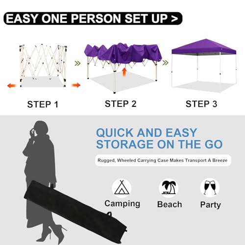 Northroad 10x10ft Pop Up Canopy, Popup Outdoor Canopy Tent with Wheeled Carrying Bag,Portable Gazebo Shelter for Patio,Deck,Garden,Beach（Purple） - color: Purple, size: 10x10