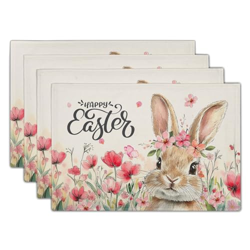 Happy Easter Placemats Set of 4, 12x18 Inch Spring Pink Flowers Bunny Place Mat Heat Resistant Washable Durable Rectangle Dining Table Mats Farmhouse Kitchen Holiday Party Decor - color: Easter Bunny