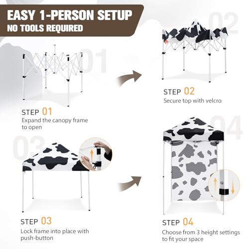 EAGLE PEAK Pop up Canopy 5x5, Outdoor Portable Canopy Tent with One Removable Sunwall, Carry Bag Included, Cow Print - color: Cow Print