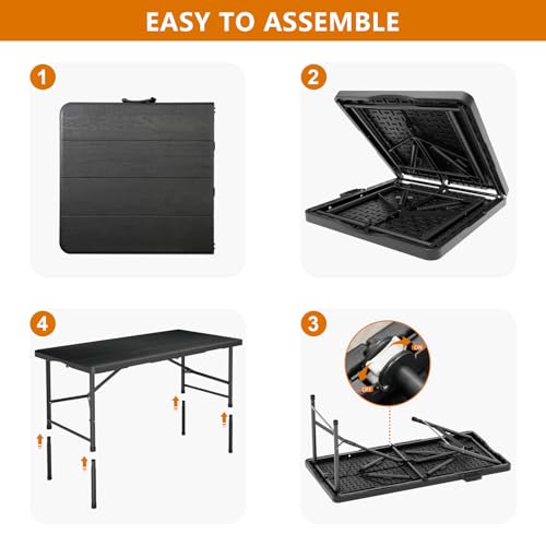 4 Ft Plastic Folding Table,Heavy Duty Portable Table for Indoor & Outdoor,Wood Grain Desktop & 350lbs Weight Capacity,Premium Solutions for Camping,Picnic,BBQ and Party - size: 4 ft (2-Pack) - Black