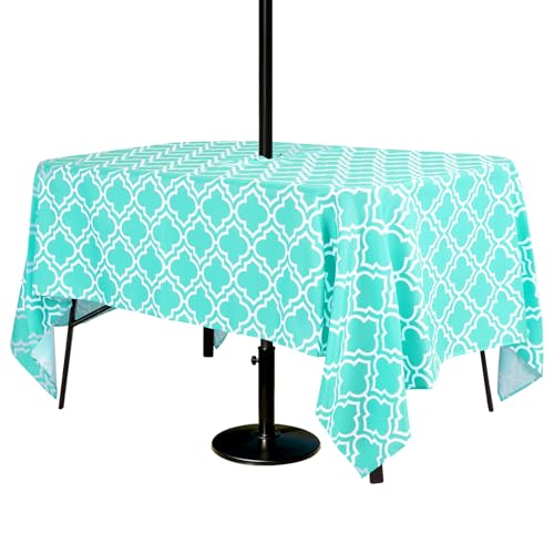 Poise3EHome Outdoor Tablecloth Rectangle with Umbrella Hole Waterproof Spillproof for Patio Table Picnic Camping Spring Summer, Aqua Blue (60X104 Zipper) - color: Aqua Blue, size: 104" x 60" (Rectangular)
