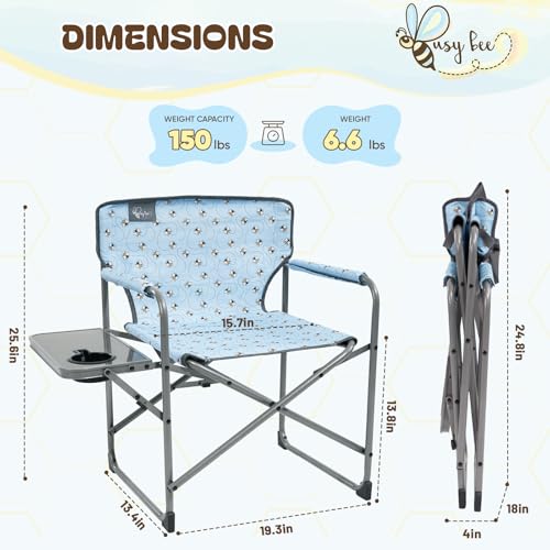 Busy Bee Oversized Kids Camping Chair with Cup Holder, High Back Toddler Chair Kids Folding Chair, Perfect for Beach & Outdoor, Supports 150 Lbs. - color: Print Bee Blue, style: Director Chair