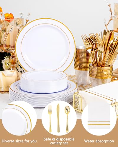GATHER 350PCS Gold Plastic Plates - White and Gold Disposable Plastic Dinnerware Set Include 50 Dinner Plates, 50 Dessert Plate, 150 Silverware, 50 Napkins, 50 Cups for Party & Wedding - color: Gold, size: 50 Guests