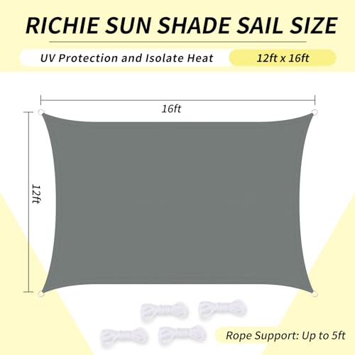 RICHIE Upgrade 12'x16' Sun Shade Sail Rectangle Canopy, Water Resistant & UV Block Sunshade for Outdoor Patio Lawn Beach Garden Carport Backyard Deck Pergola, Grey - color: Gray, size: 12'x16', style: Rectangle